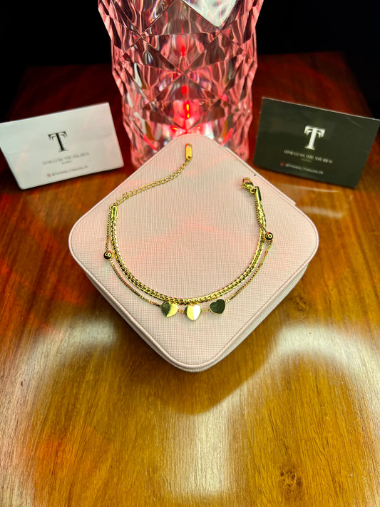 Premium Quality Stainless Steel 18k Golden Tri Heart Double Chain Luxury Bracelet