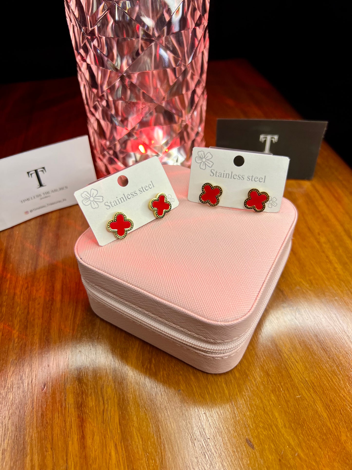 Premium Quality Stainless Steel 18k Red Clover EarStuds