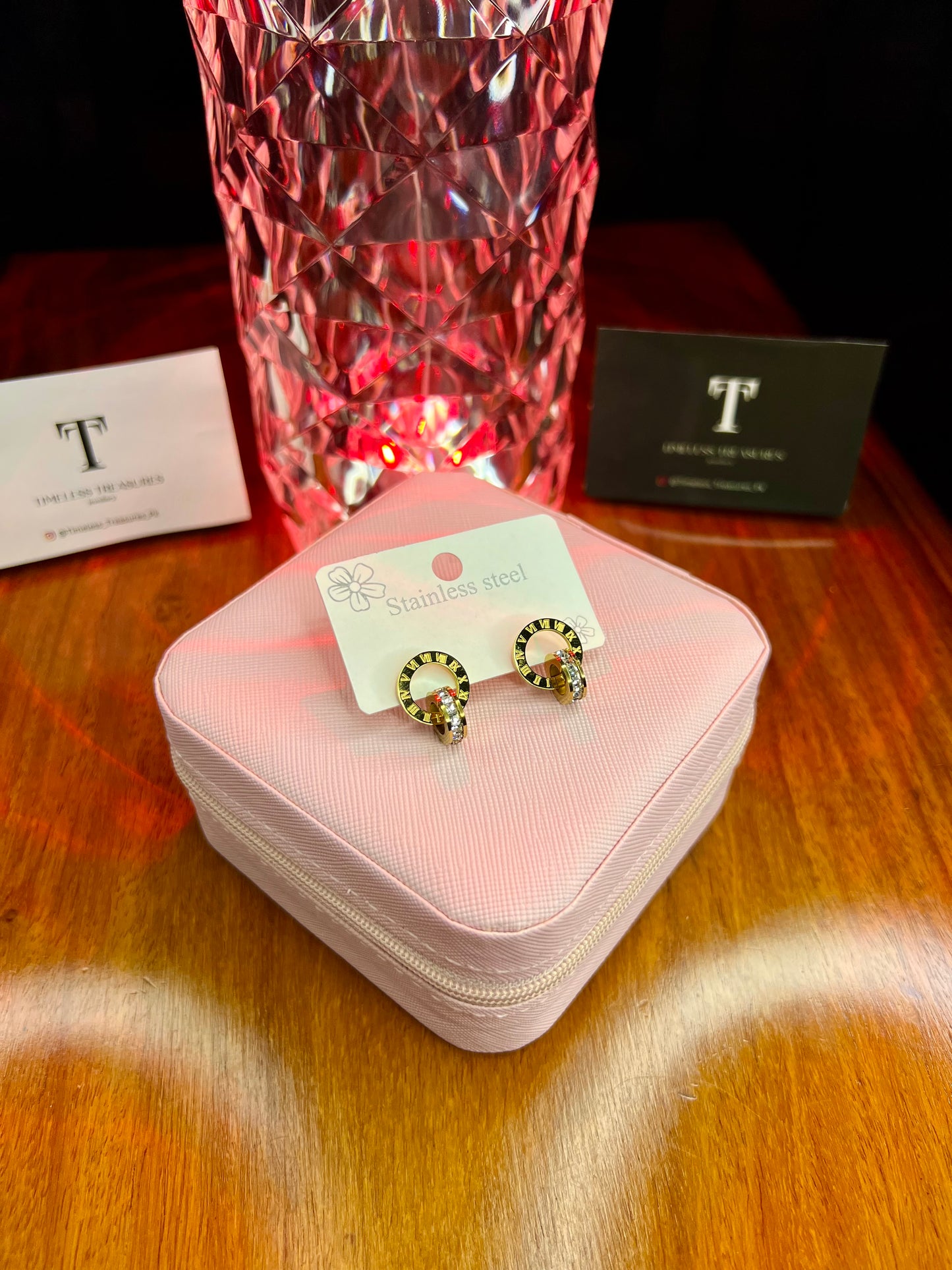 Premium Quality Stainless Steel 18k Roman Ring Stone Earrings