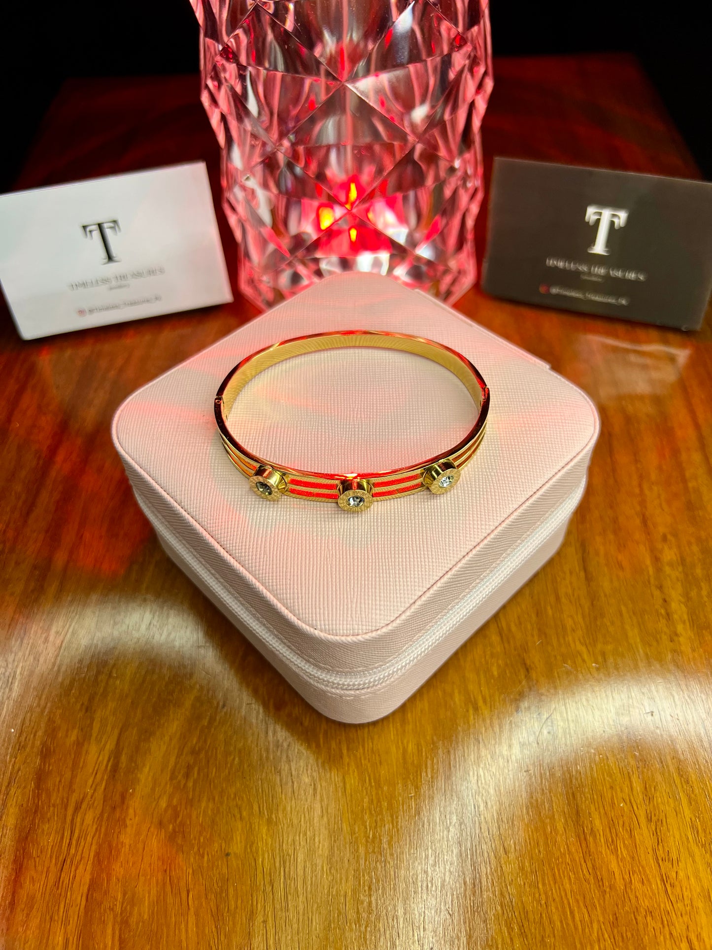 Premium Quality Stainless Steel 18k Tri Stone Golden Handcuff