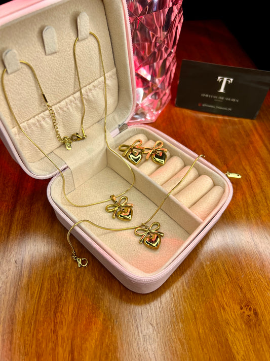 Premium Quality Stainless Steel 18k Golden Heart x Bow Luxury 3pc Set.