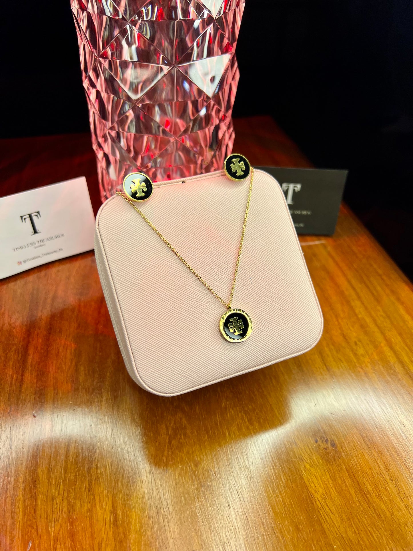 Premium Quality Stainless Steel 18k Tory Black N Gold Necklace Earring Set