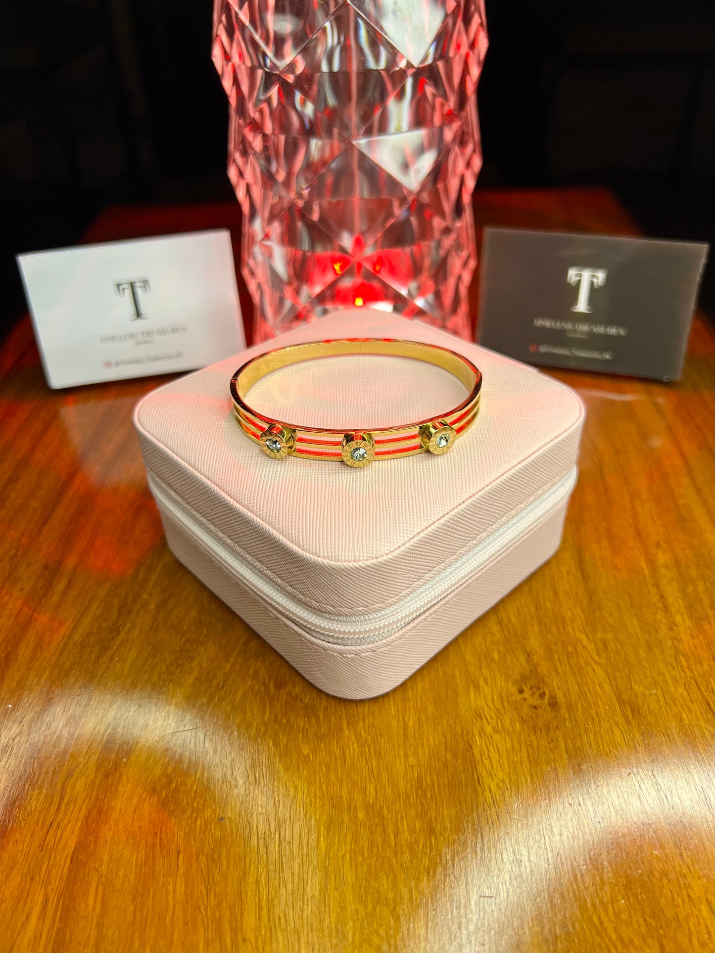 Premium Quality Stainless Steel 18k Tri Stone Golden Handcuff