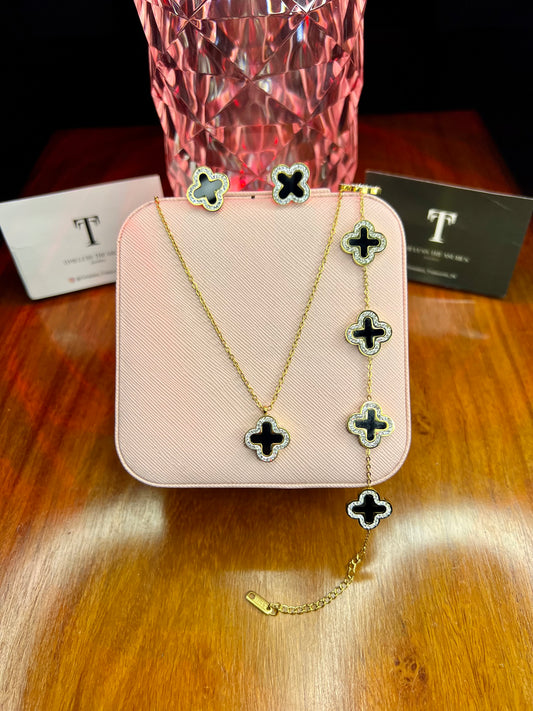 Premium Quality Stainless Steel 18k Black Clover 3pc Set