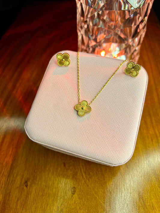 Premium Quality Stainless Steel 18k Golden Clover Necklace Earring Set