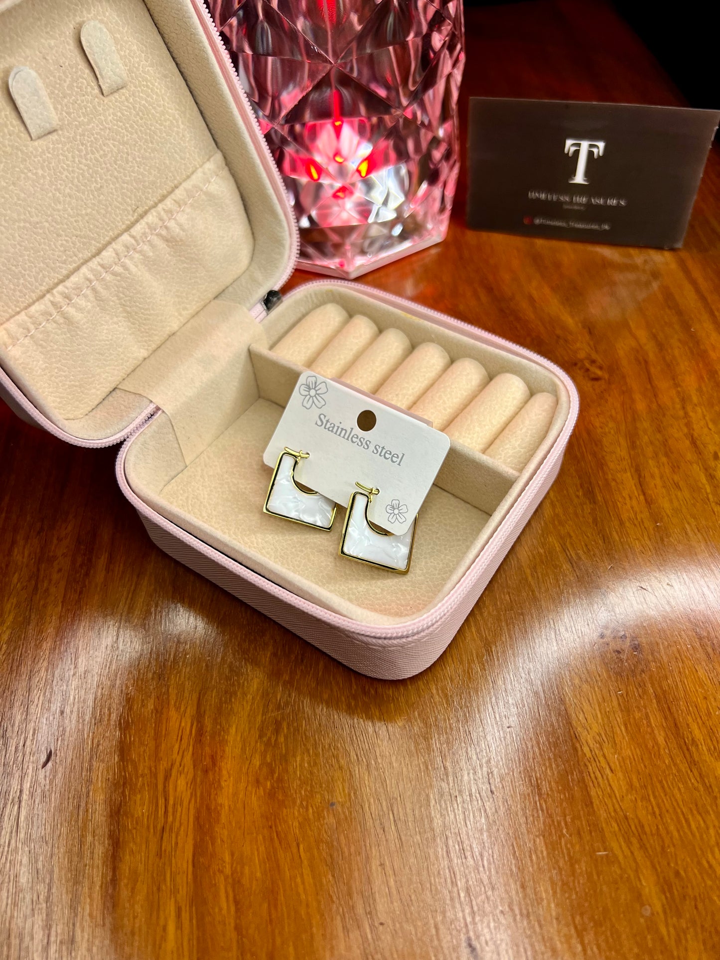 Premium Quality Stainless Steel 18k White Square Enamel Earrings