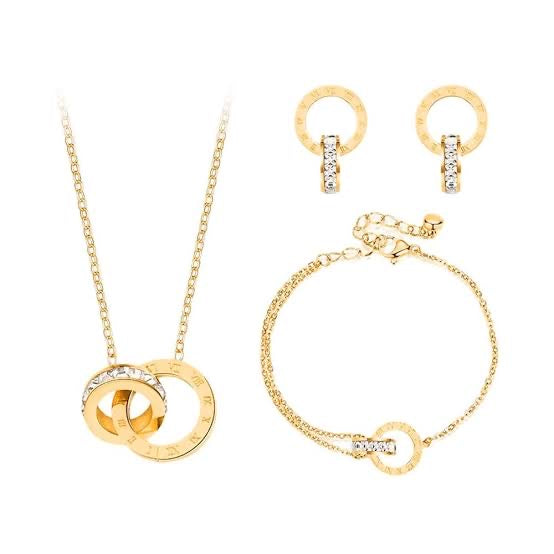 Premium Quality Stainless Steel 18k Roman Numerals Stone Studded 3pc Set