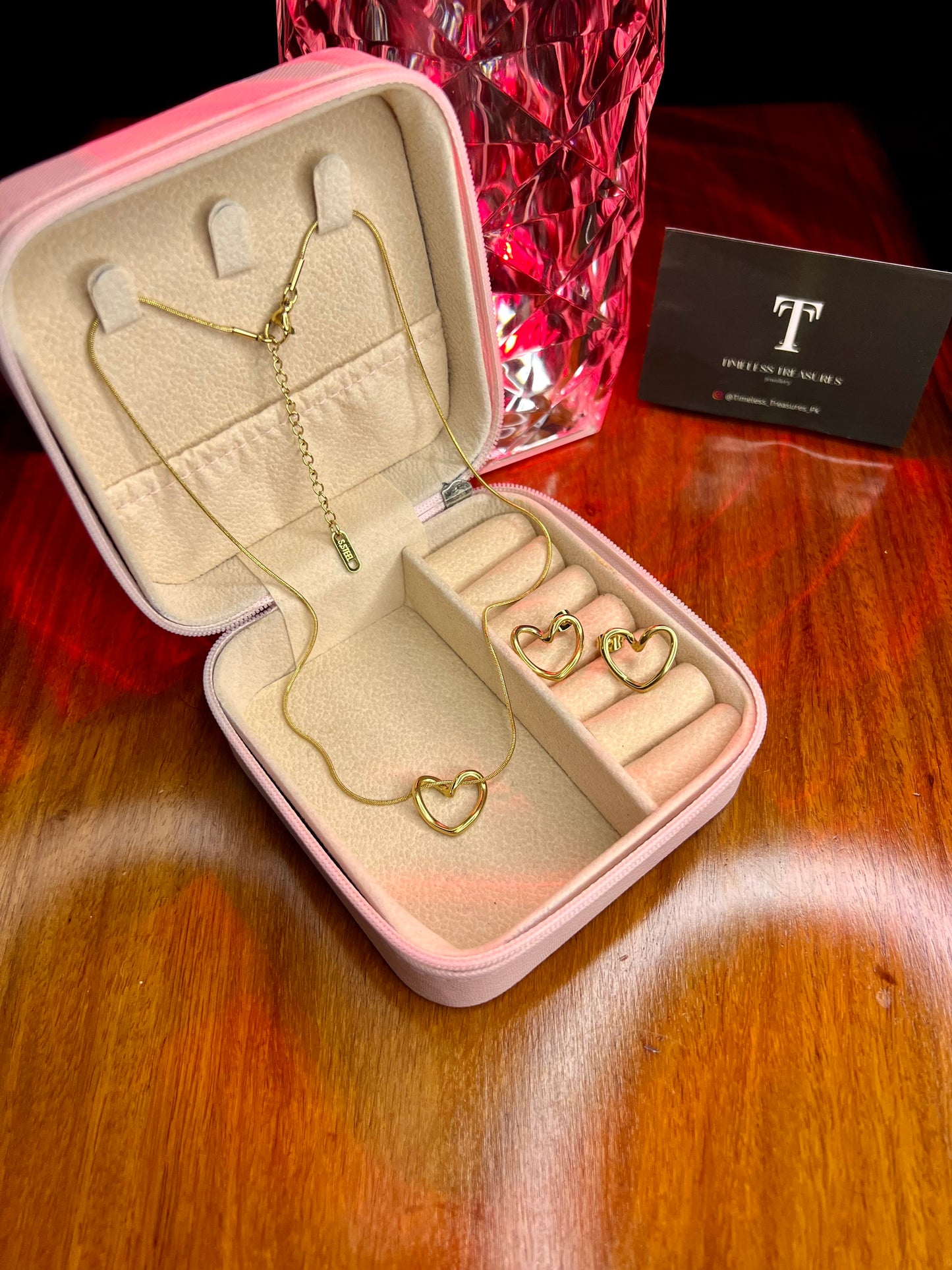 Premium Quality Stainless Steel 18k Golden Heart Necklace Earring Set