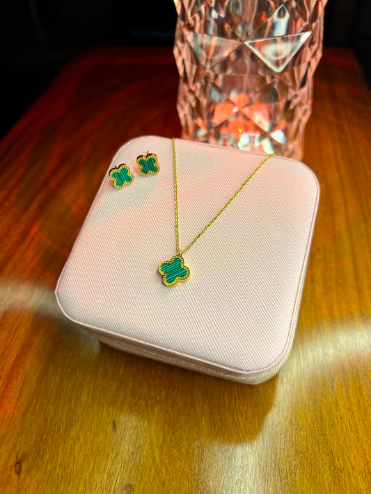 Premium Quality Stainless Steel 18k Green Clover Necklace Earring Set