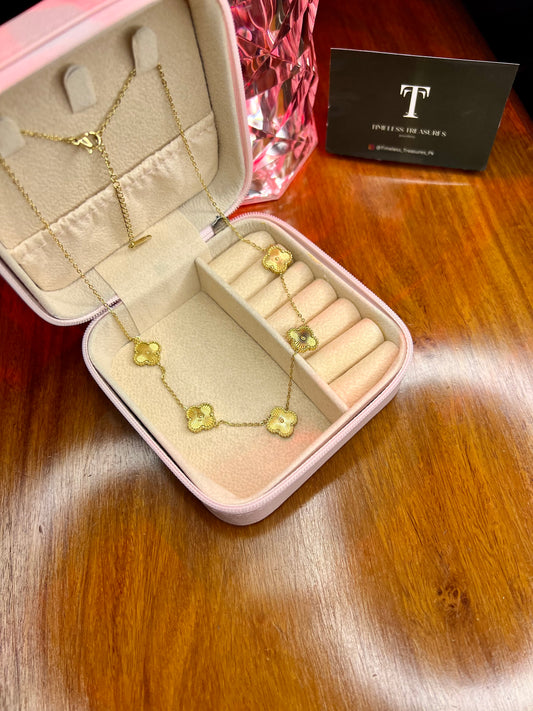 Premium Quality Stainless Steel 18k Golden Clover 5 Motifs Necklace