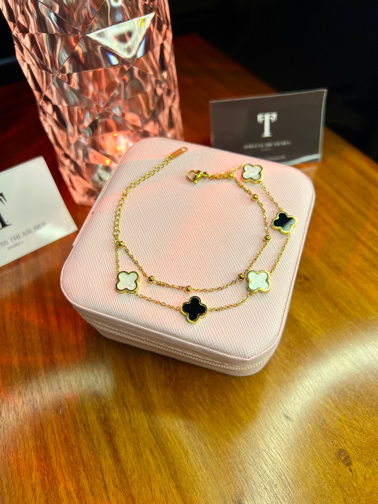 Premium Quality Stainless Steel 18k Double Chain Clover Bracelet