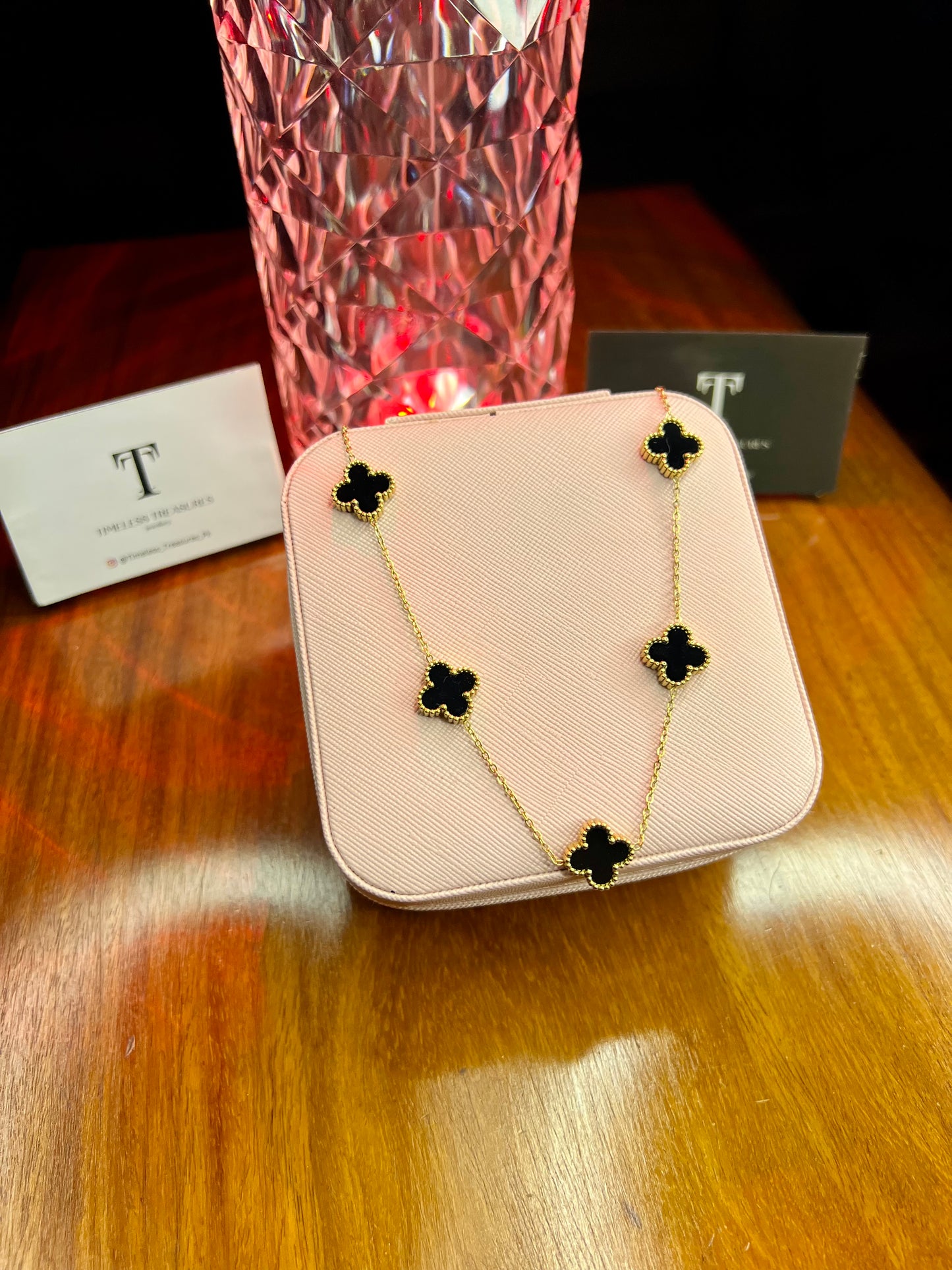 Premium Quality Stainless Steel 18k Black Clover 5 Motifs Necklace