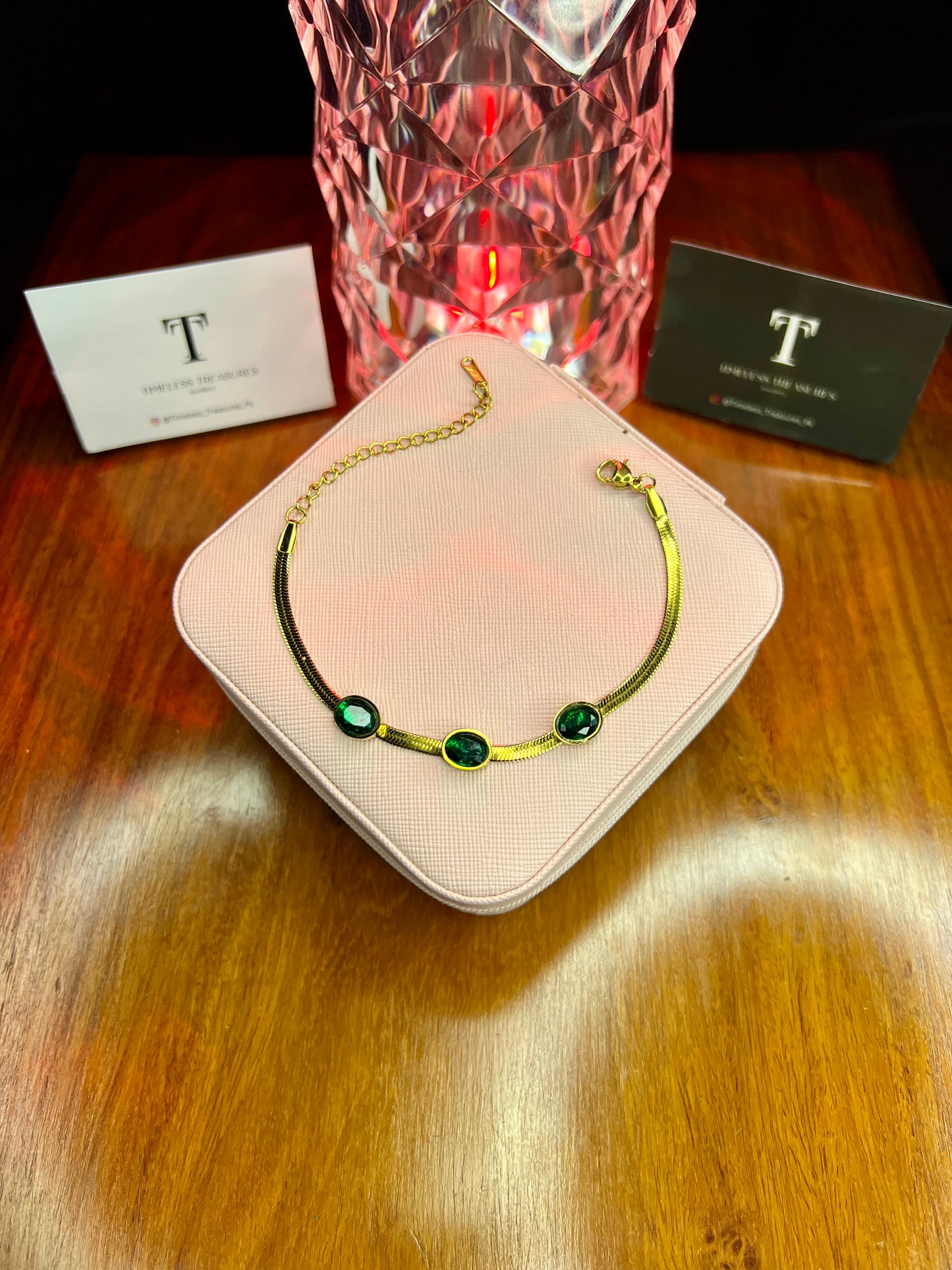 Premium Quality Stainless Steel 18k Green Stone Snake Chain Bracelet