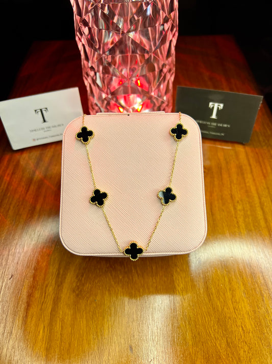 Premium Quality Stainless Steel 18k Black Clover 5 Motifs Necklace