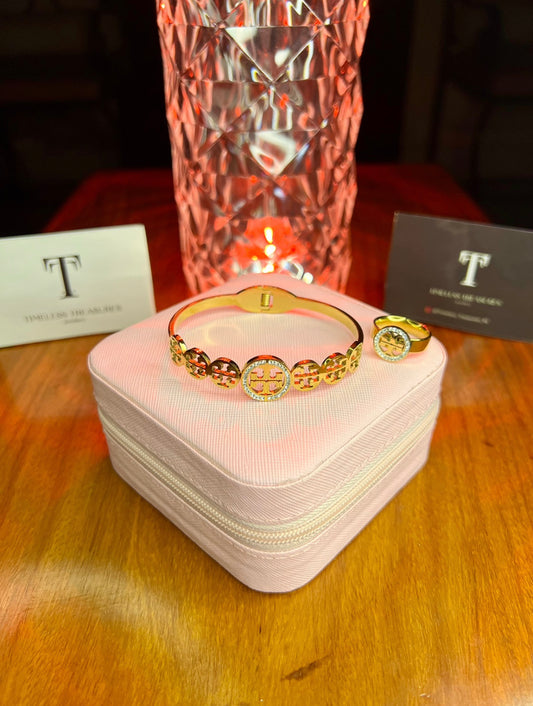 Premium Quality Stainless Steel 18k Tory Classic Handcuff and Ring Set