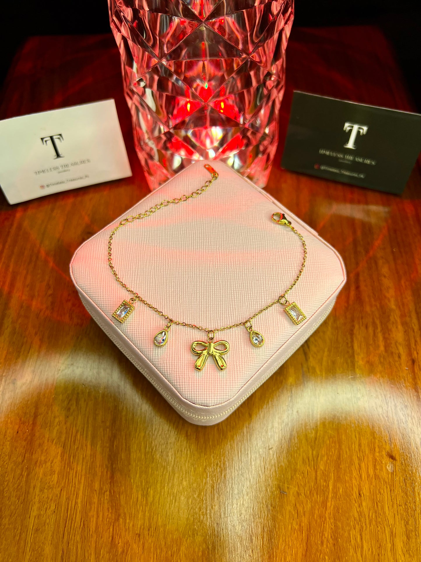 Premium Quality Stainless Steel 18k Crystal Drop Bow Bracelet