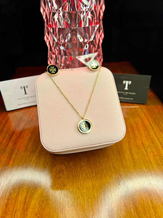 Premium Quality Stainless Steel 18k Tory Black N Gold Necklace Earring Set