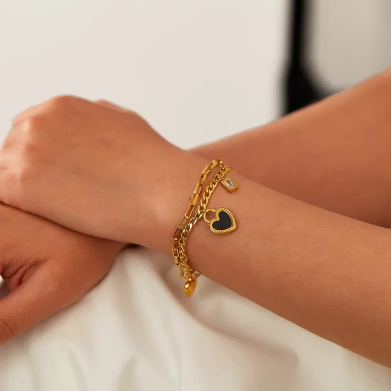 Premium Quality Stainless Steel 18k Duo Chain Luxury Heart Bracelet