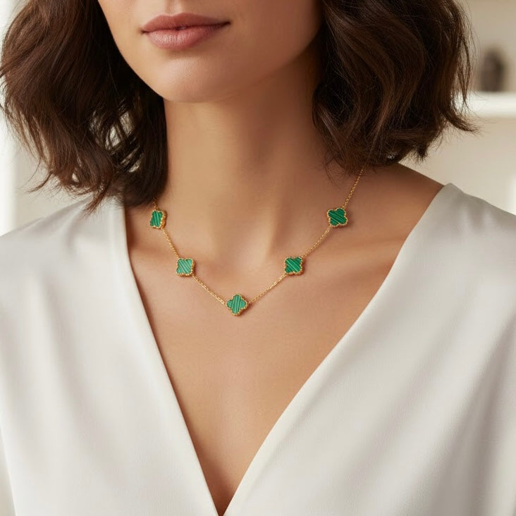 Premium Quality Stainless Steel 18k Green Clover 5 Motifs Necklace
