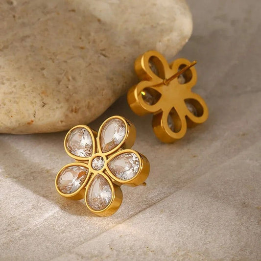 Premium Quality Stainless Steel 18k Stone Studded Flower Earrings