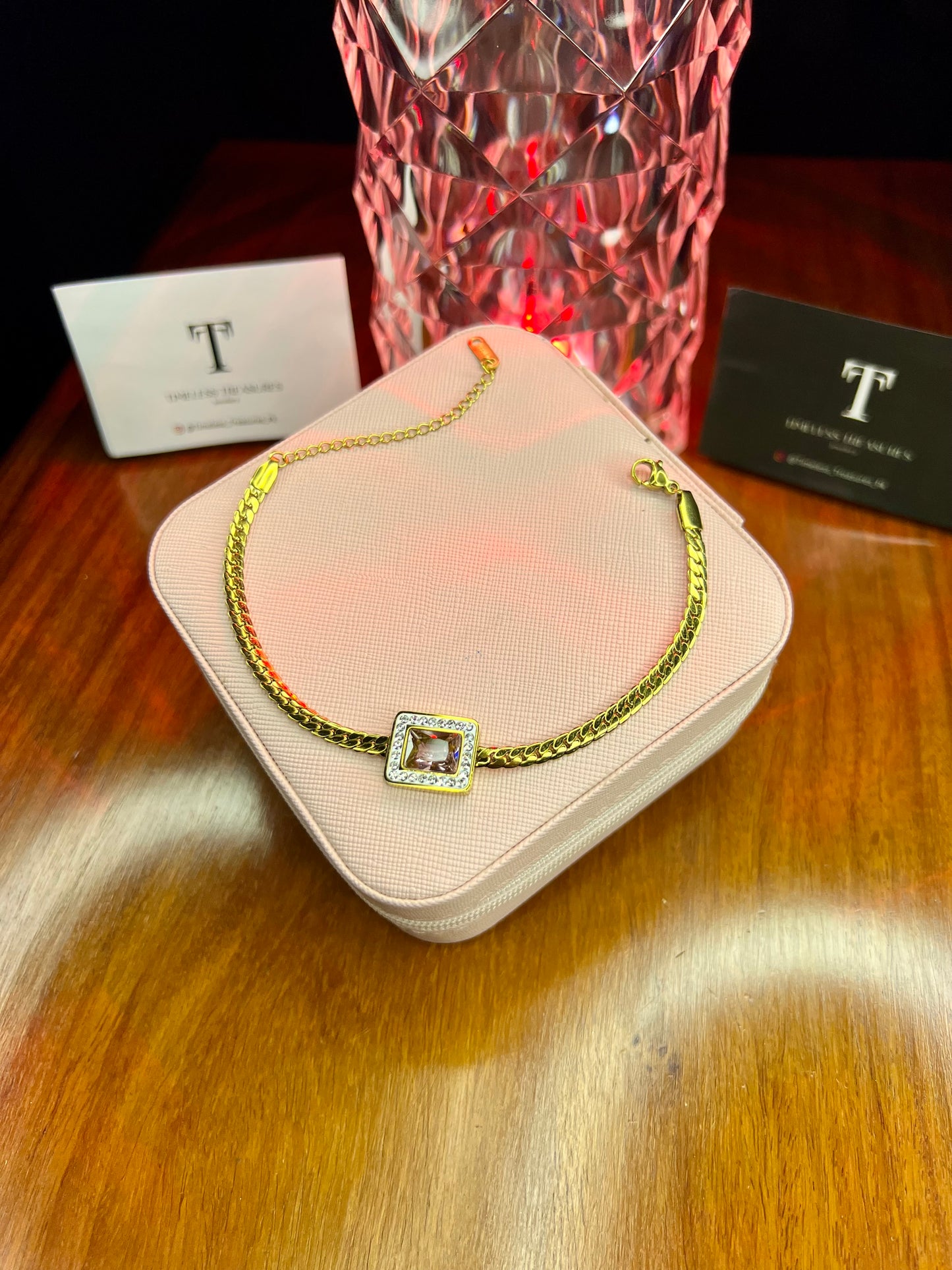 Premium Quality Stainless Steel 18k Pink Stone Chain Bracelet