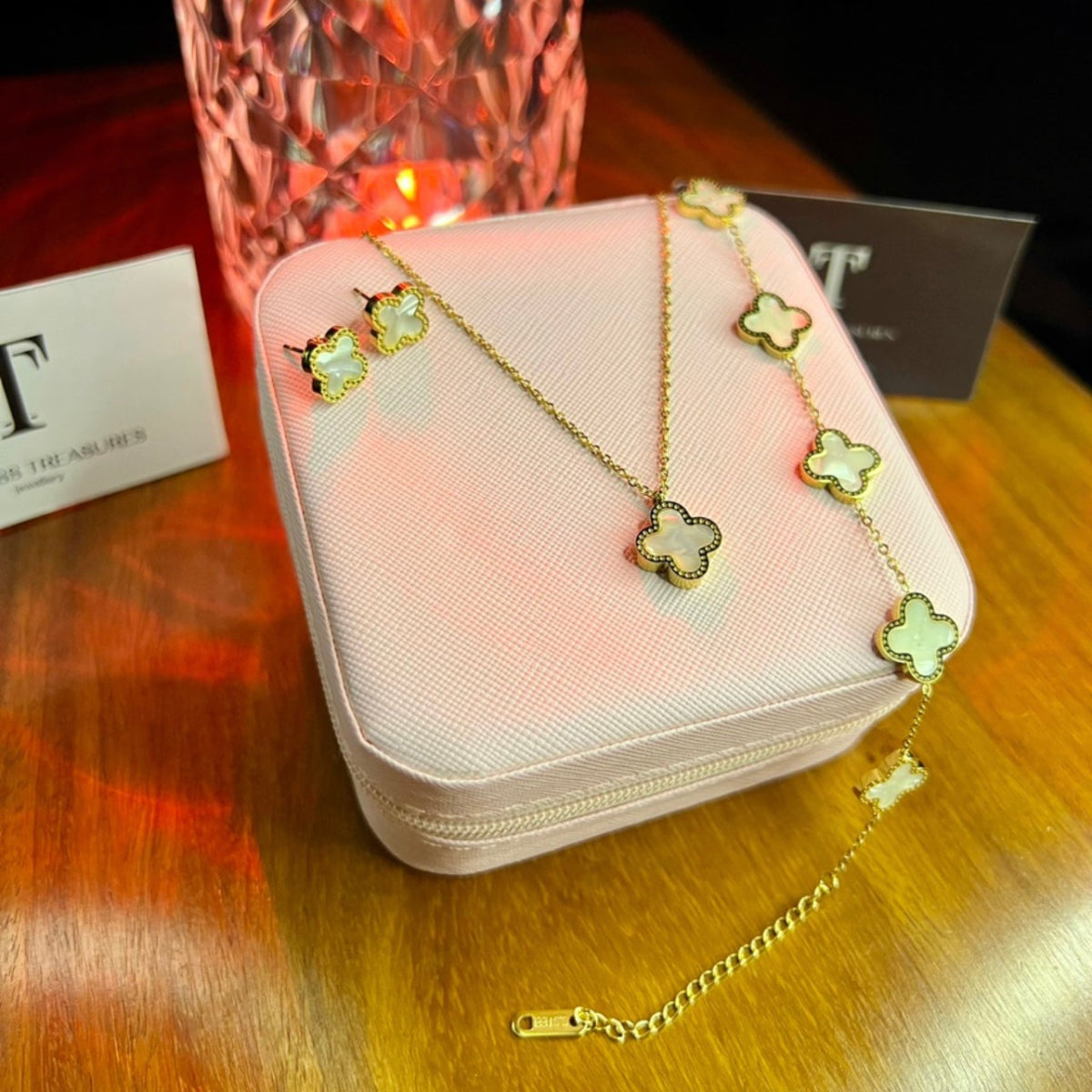 Premium Quality Stainless Steel 18k White Clover 3pc Set