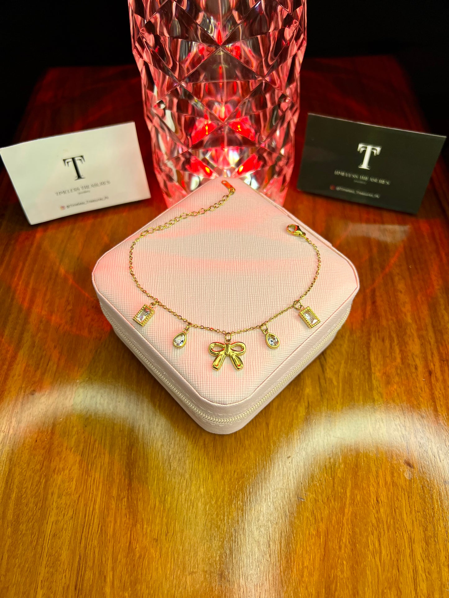 Premium Quality Stainless Steel 18k Crystal Drop Bow Bracelet