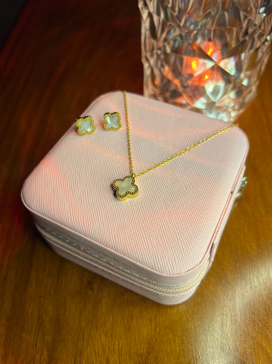 Premium Quality Stainless Steel 18k White Clover Necklace Earring Set