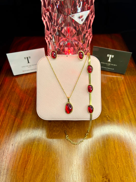 Premium Quality Stainless Steel 18k Red Stone 3pc Set