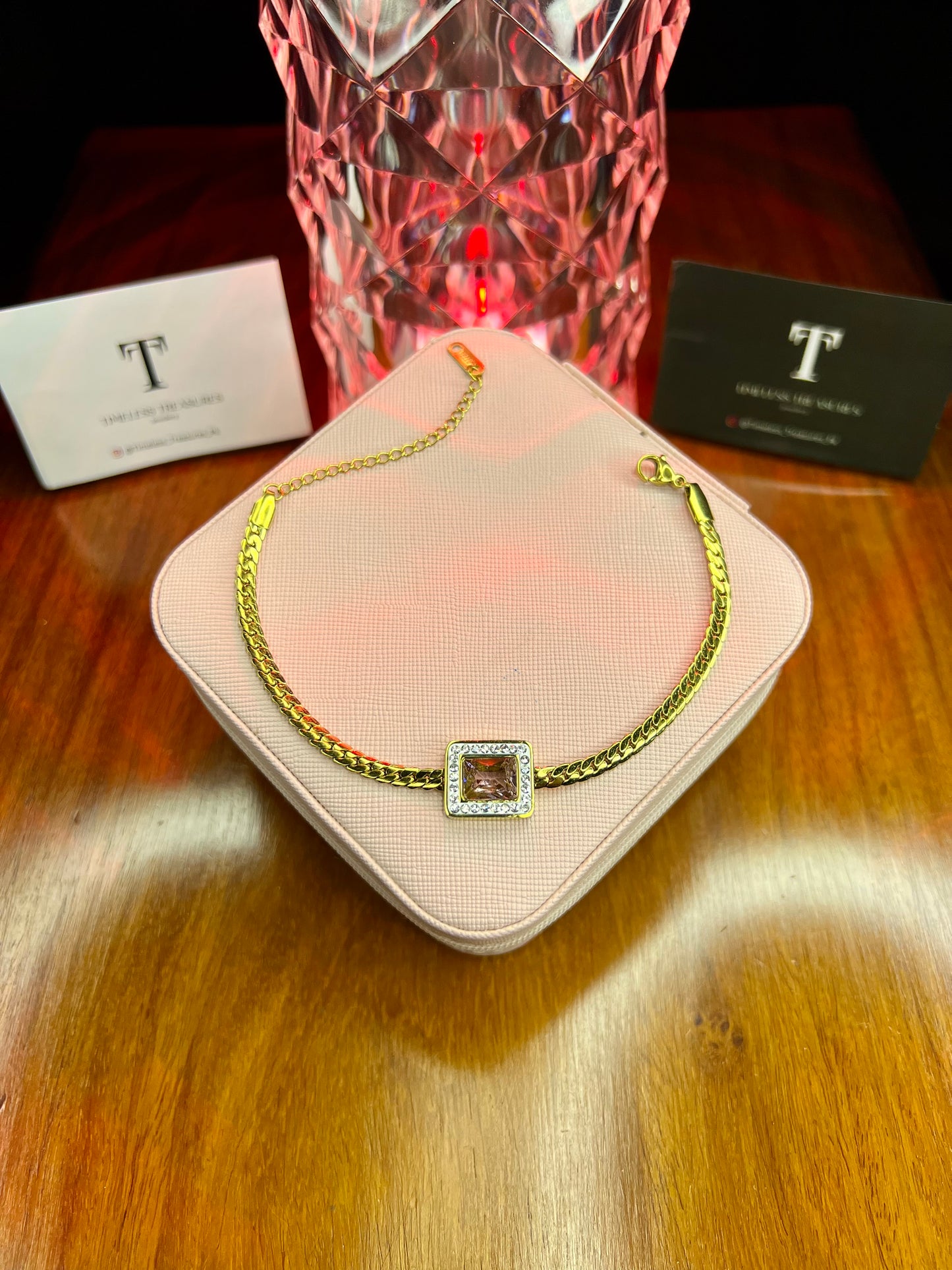 Premium Quality Stainless Steel 18k Pink Stone Chain Bracelet