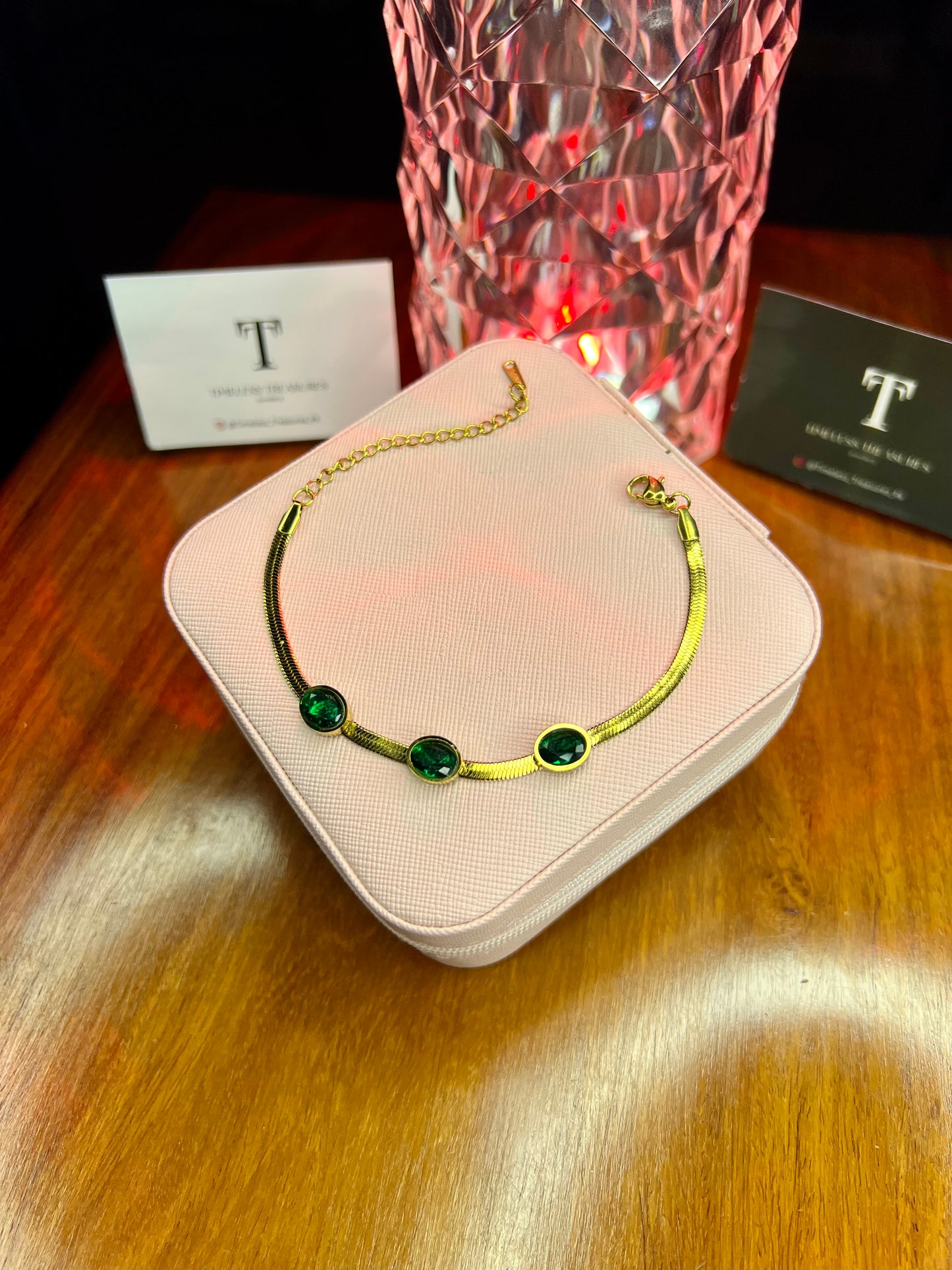 Premium Quality Stainless Steel 18k Green Stone Snake Chain Bracelet