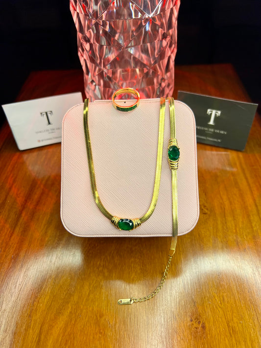 Premium Quality Stainless Steel 18k Green Stone 3pc Set
