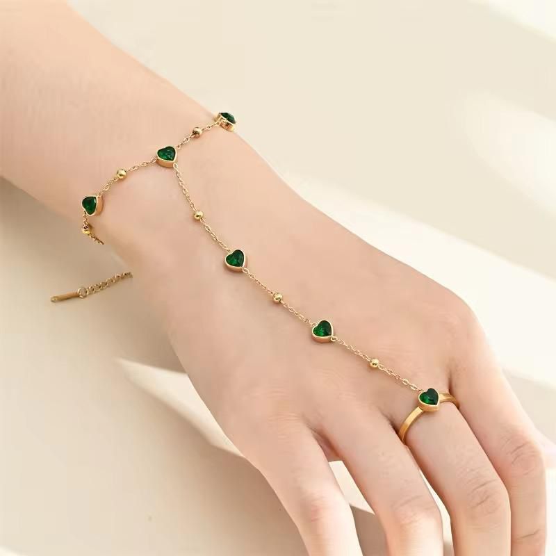 Premium Quality Stainless Steel 18k Green Stone Heart Handchain