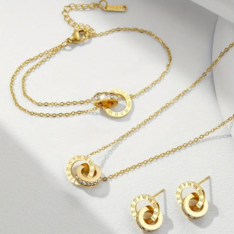 Premium Quality Stainless Steel 18k Roman Numerals Stone Studded 3pc Set