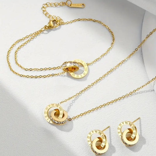 Premium Quality Stainless Steel 18k Roman Numerals Stone Studded 3pc Set