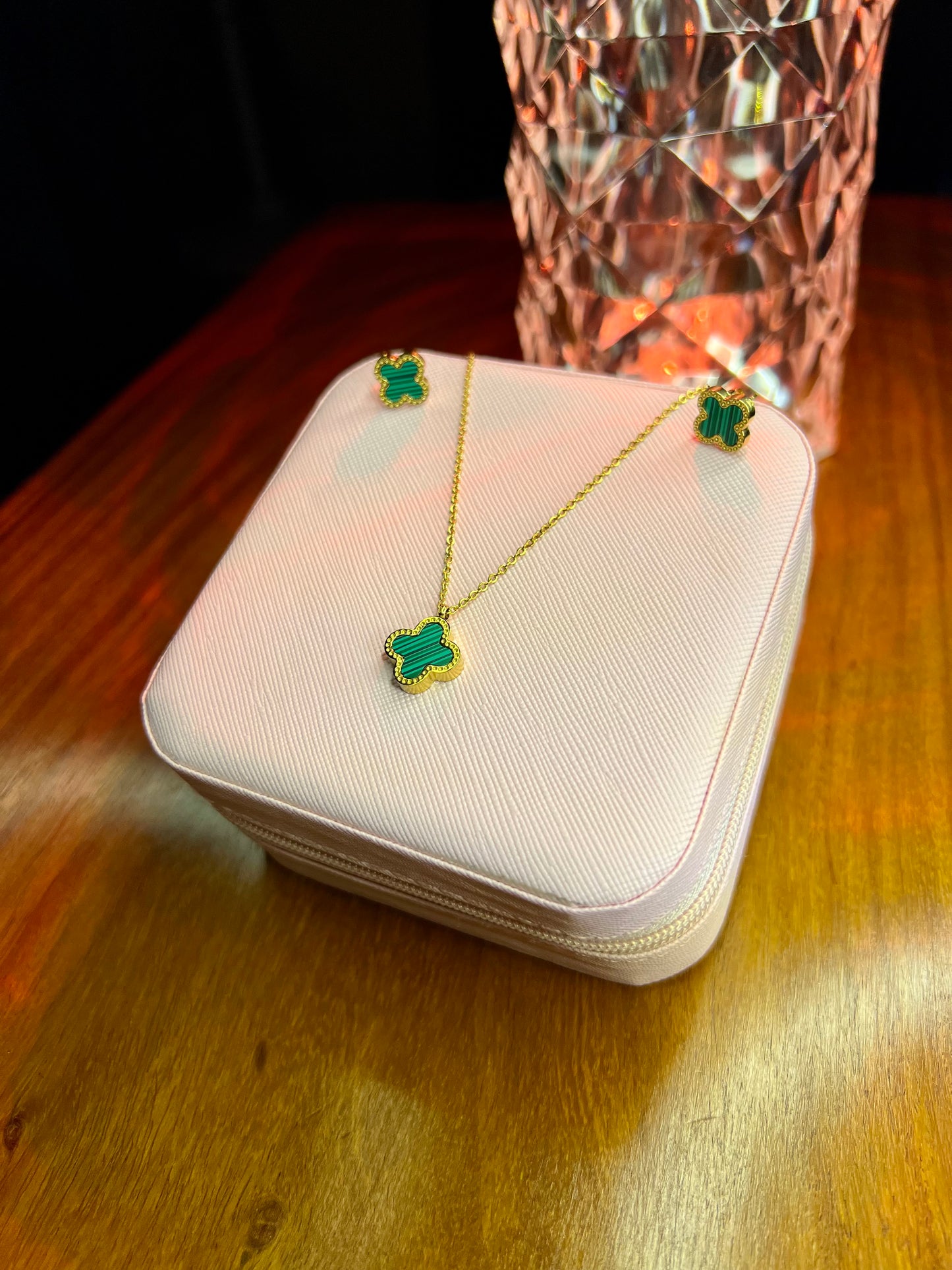 Premium Quality Stainless Steel 18k Green Clover Necklace Earring Set
