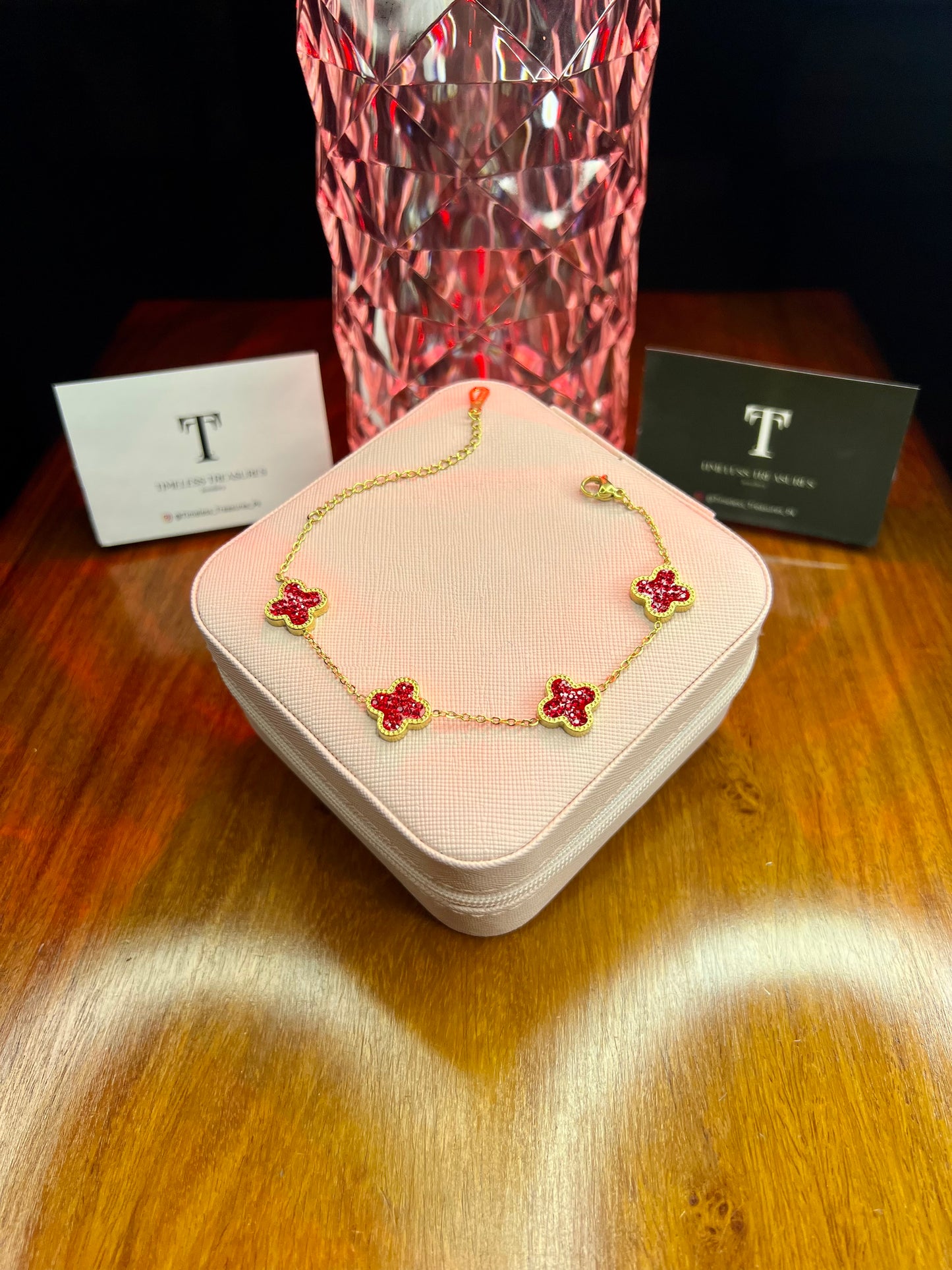 Premium Quality Stainless Steel 18k Red Clover Cystal Bracelet