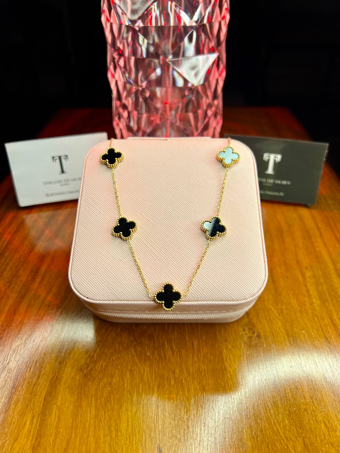 Premium Quality Stainless Steel 18k Black Clover 5 Motifs Necklace