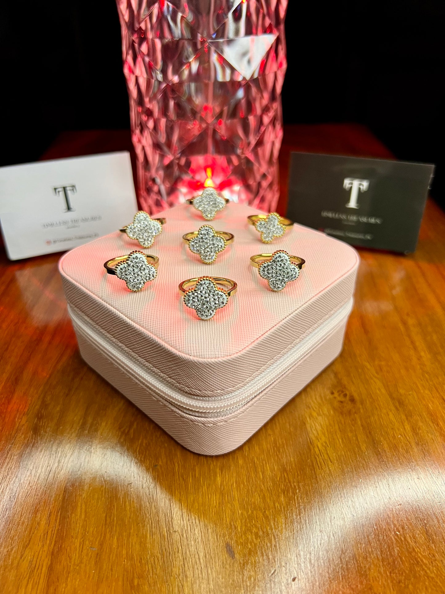 Premium Quality Stainless Steel 18k Silver Clover Diamantés Ring