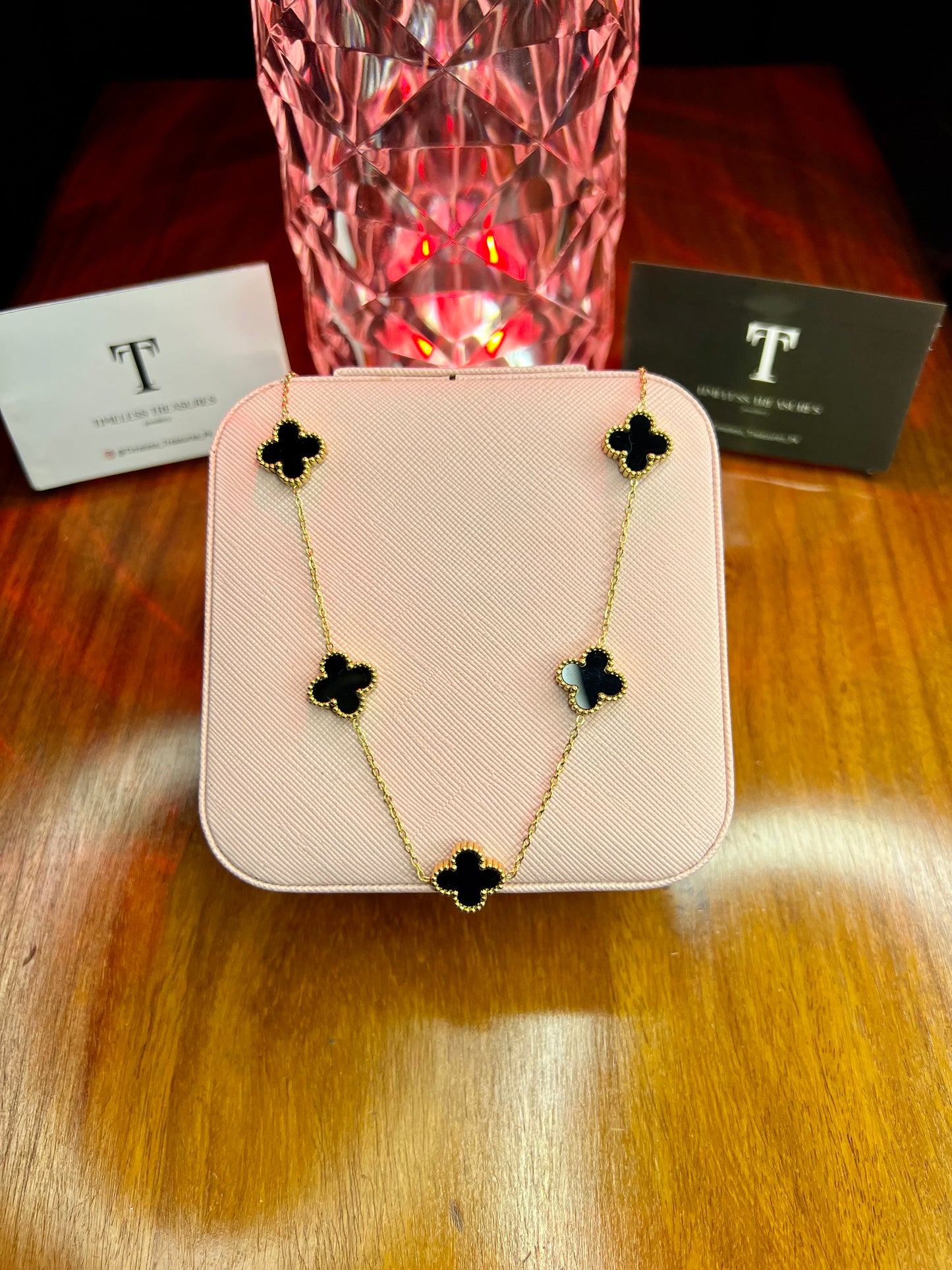 Premium Quality Stainless Steel 18k Black Clover 5 Motifs Necklace