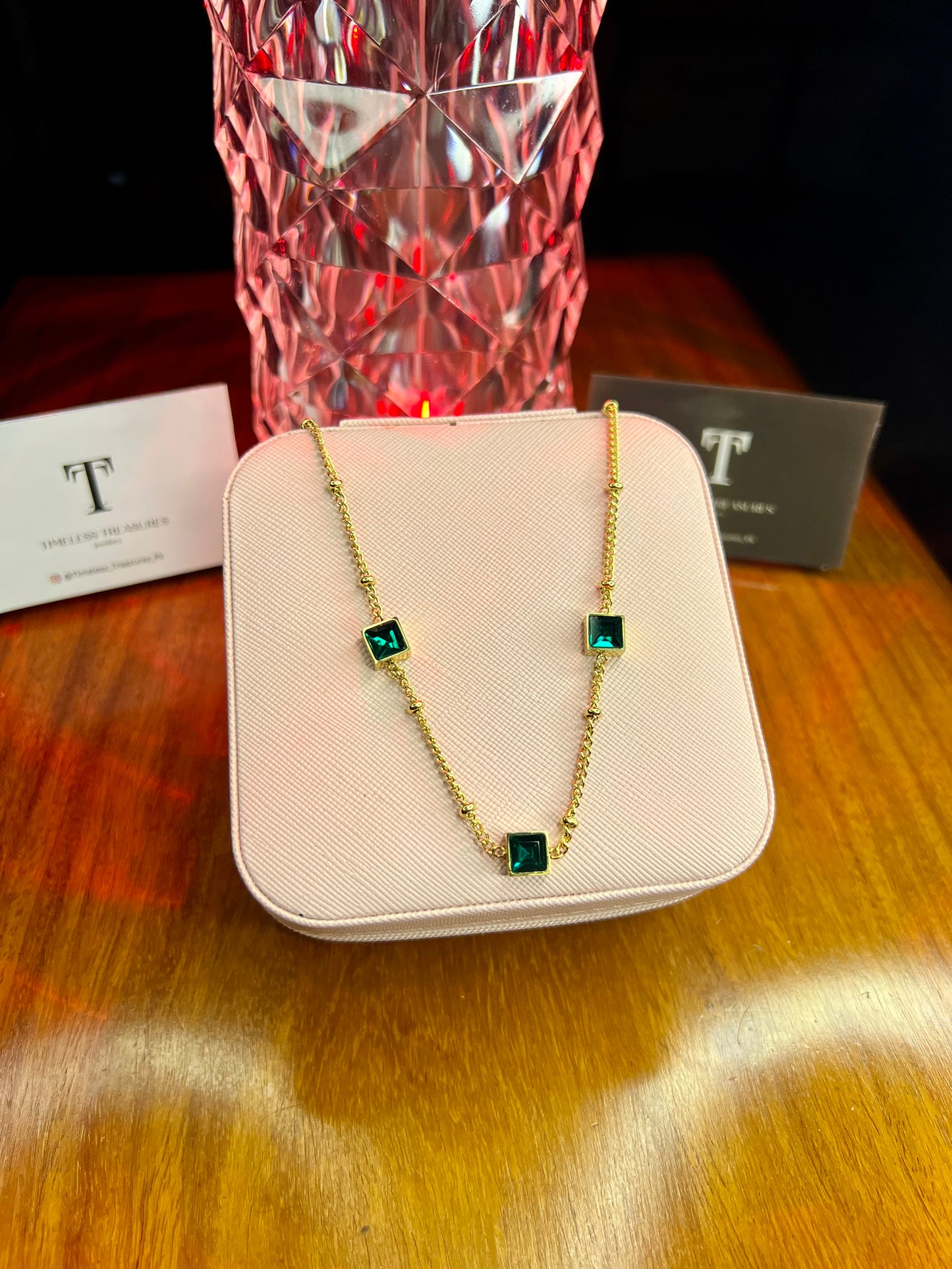 Premium Quality Stainless Steel 18k Emerald Tri Stone Necklace