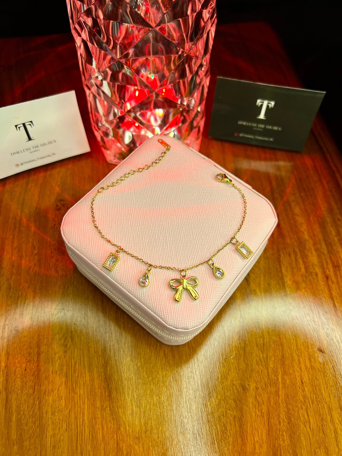 Premium Quality Stainless Steel 18k Crystal Drop Bow Bracelet