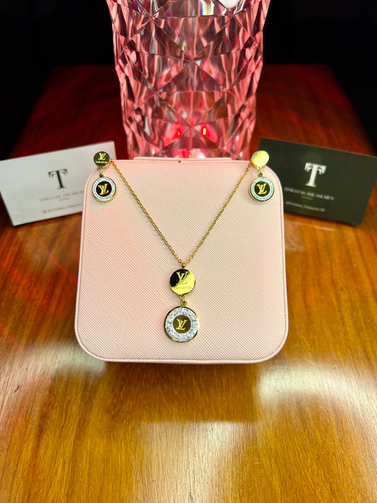 Premium Quality Stainless Steel 18k Lv Zircon Necklace Earring Set