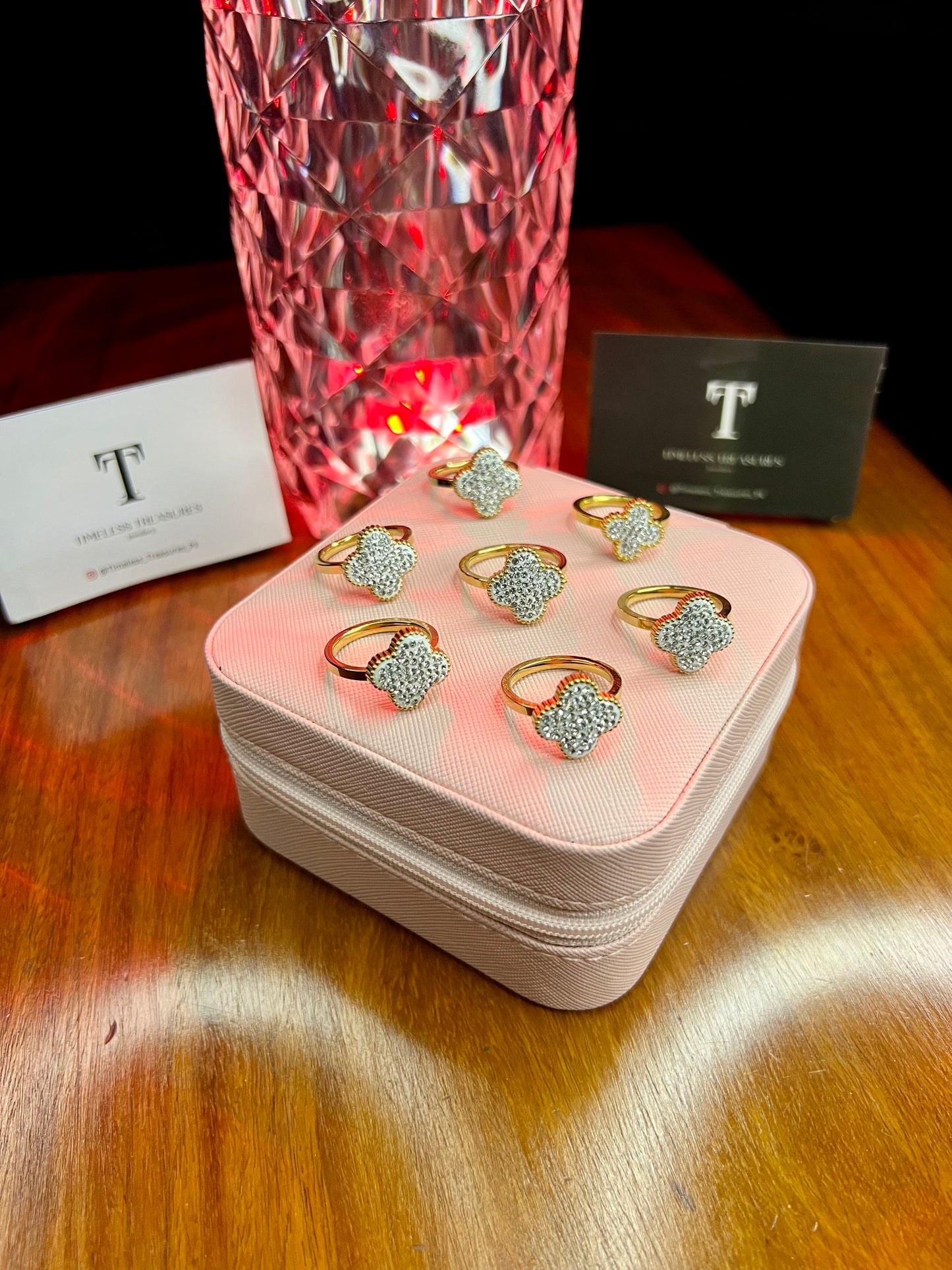 Premium Quality Stainless Steel 18k Silver Clover Diamantés Ring