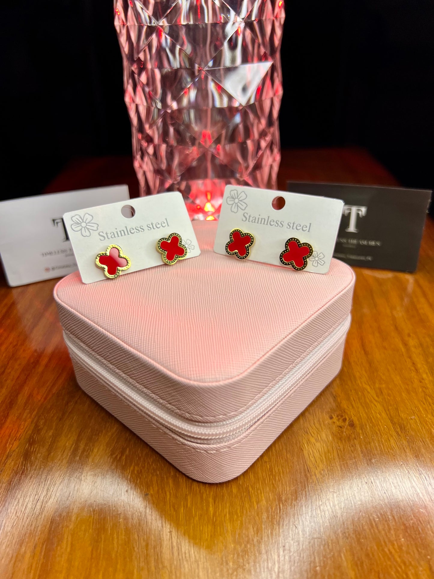 Premium Quality Stainless Steel 18k Red Clover EarStuds