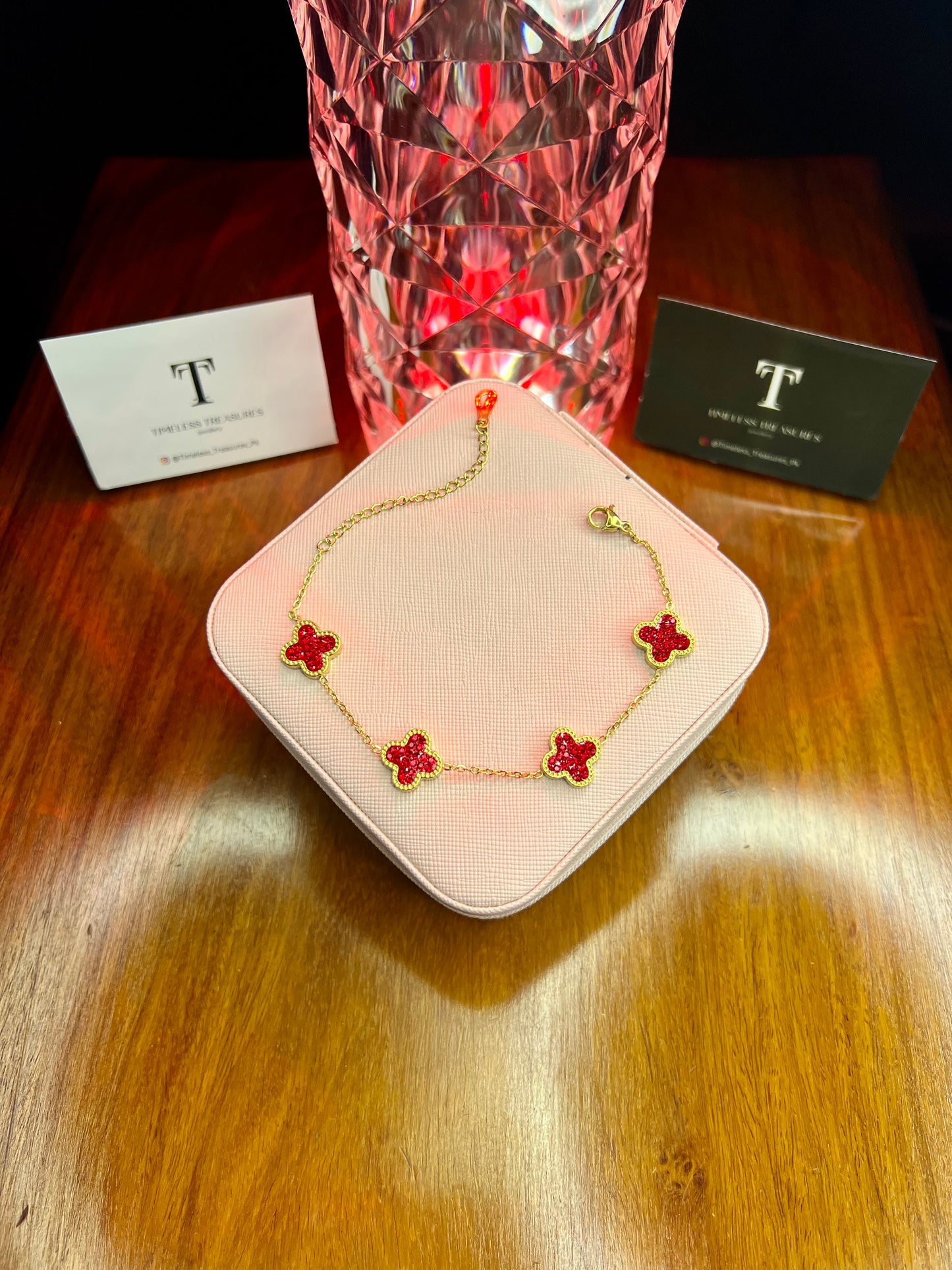 Premium Quality Stainless Steel 18k Red Clover Cystal Bracelet