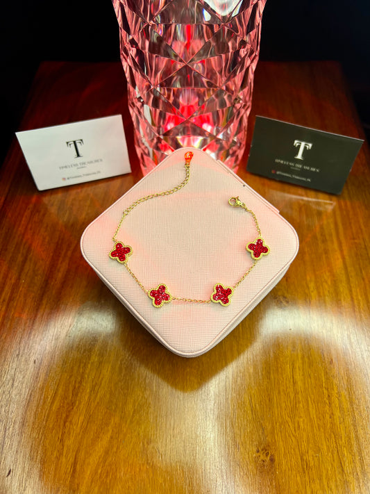 Premium Quality Stainless Steel 18k Red Clover Cystal Bracelet