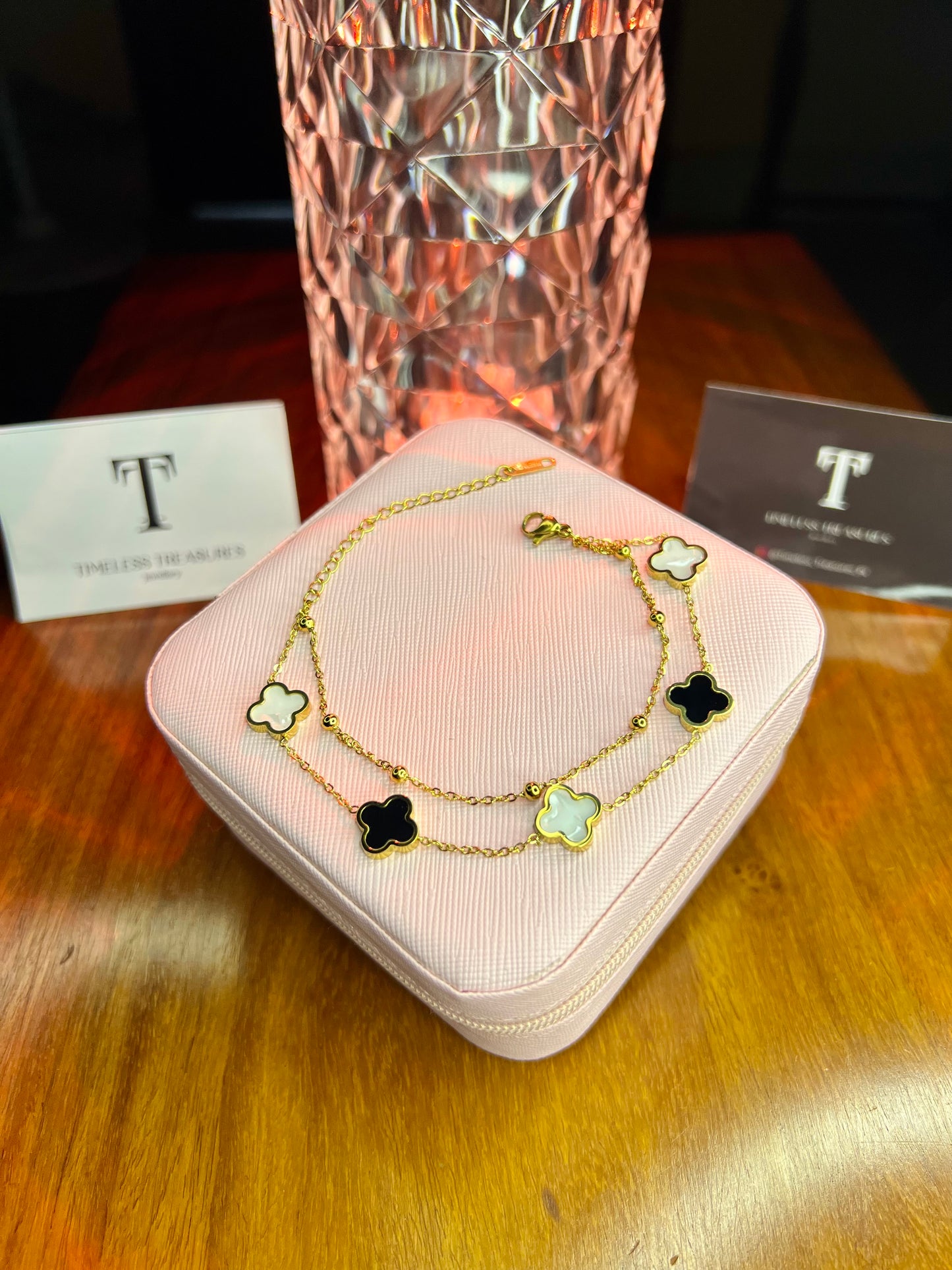 Premium Quality Stainless Steel 18k Double Chain Clover Bracelet