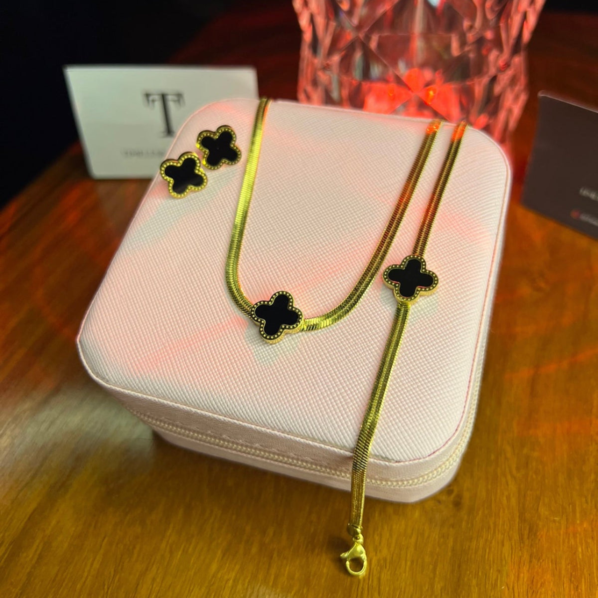 Premium Quality Stainless Steel 18k Black Clover Snake Chain 3pc Set