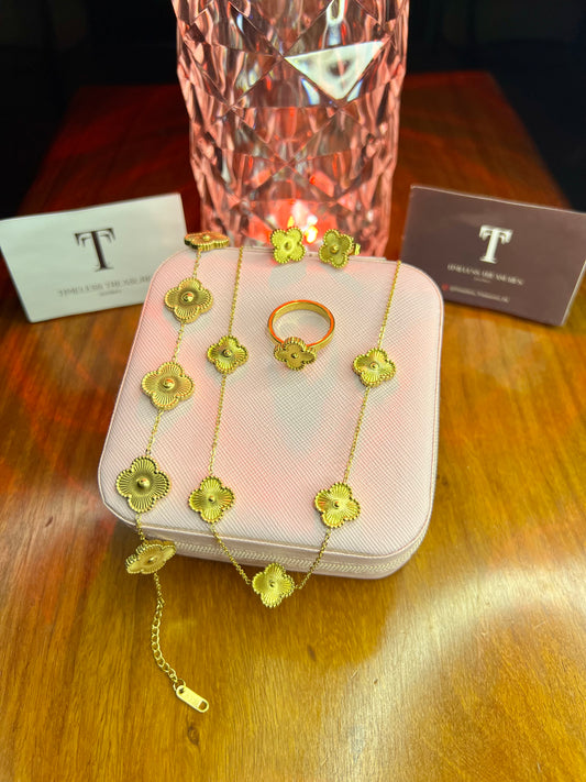 Premium Quality Stainless Steel 18k Gold Clover 4pc Set With 5 Clover Chain